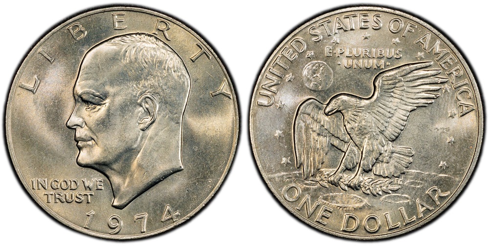 1974 Eisenhower silver dollar obverse and reverse showing Ike portrait and lunar eagle design