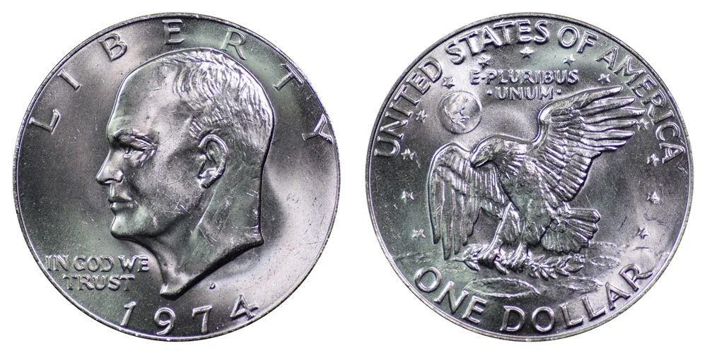 Side-by-side comparison of 1974-D clad dollar vs rare 1974-D struck on silver planchet showing edge difference