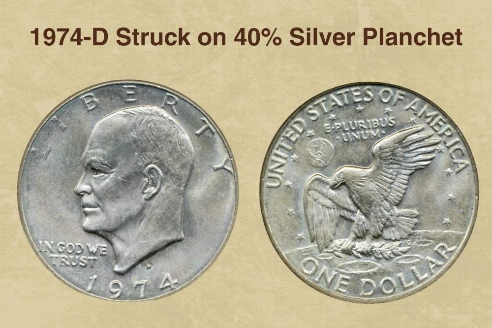 1974-D Eisenhower dollar edge close-up showing no copper stripe confirming silver planchet composition