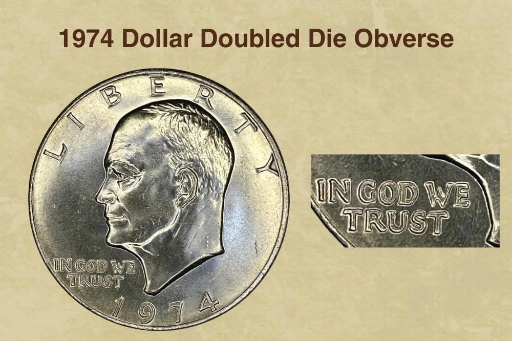 1974 Eisenhower dollar Doubled Die Obverse showing doubling on IN GOD WE TRUST inscription