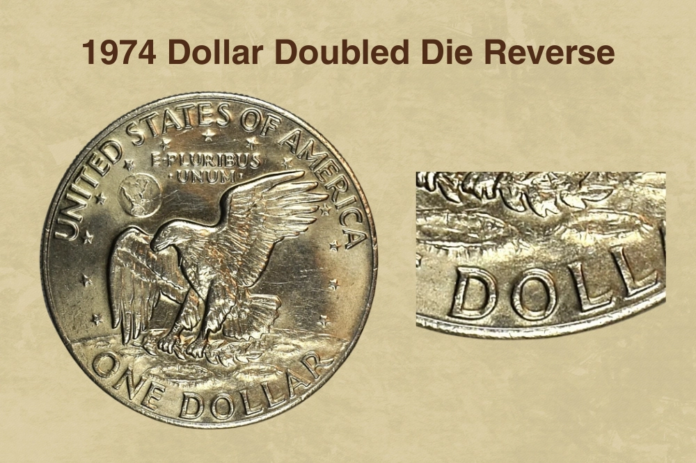 1974 Eisenhower dollar Doubled Die Reverse showing letter doubling on UNITED STATES OF AMERICA inscription