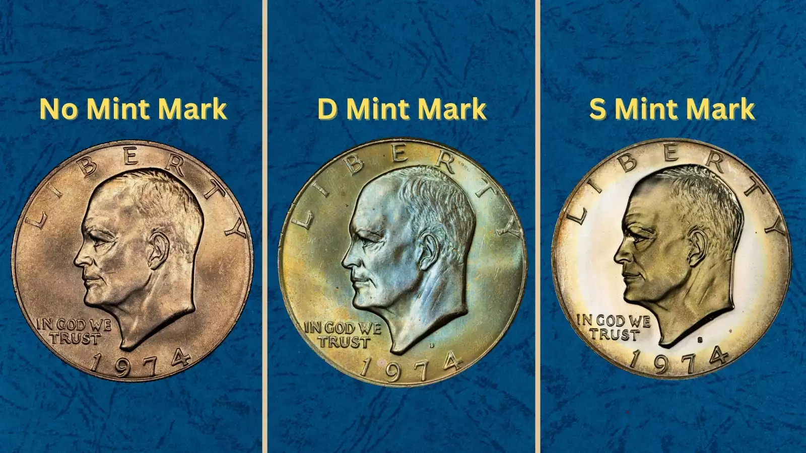 1974 Eisenhower dollar collection showing Blue Ike silver packaging and coin varieties from all three mints