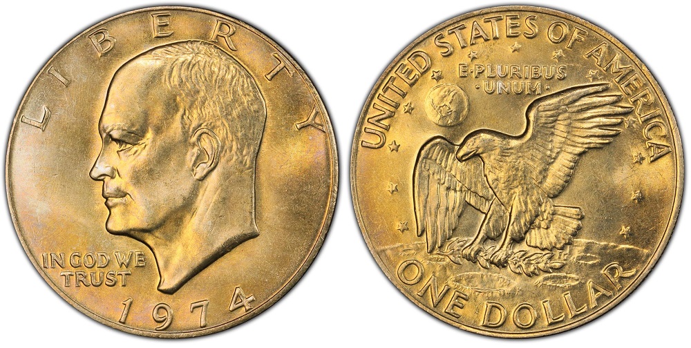 1974 Eisenhower dollar grading strip showing four condition tiers from worn through gem uncirculated